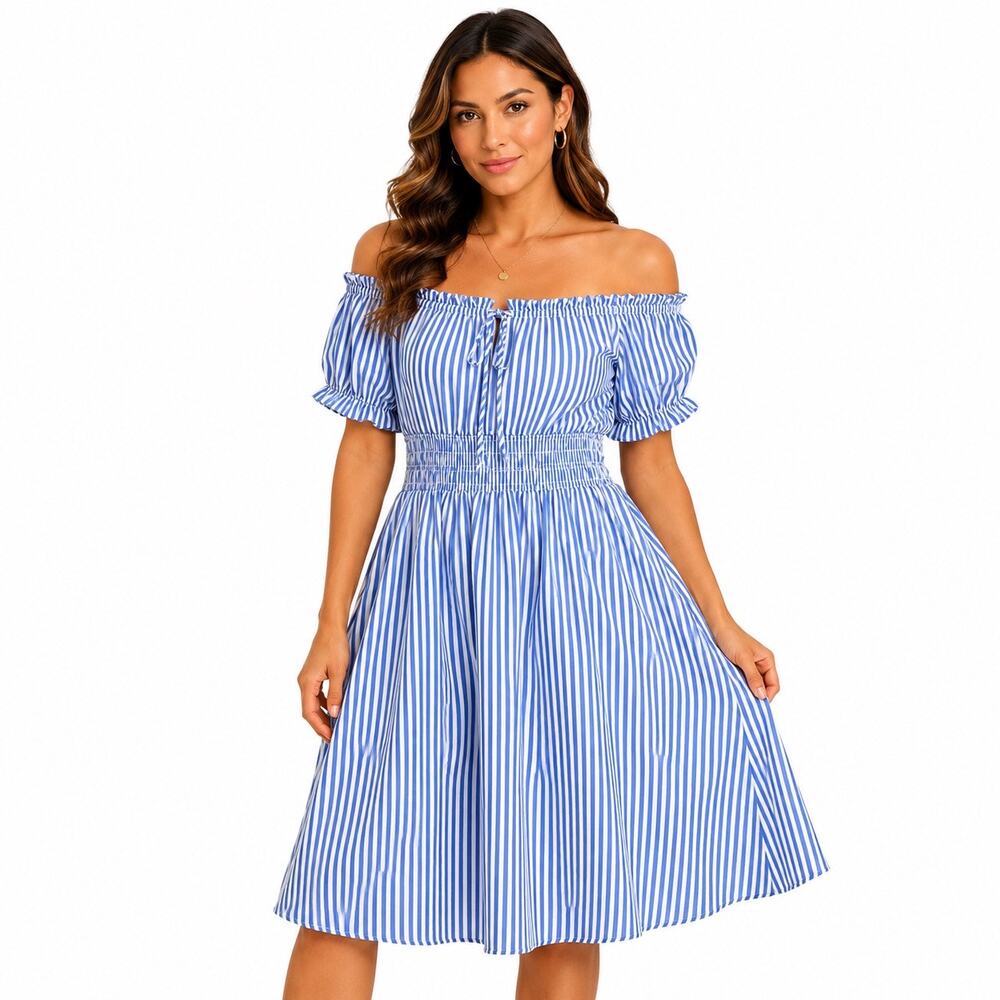 SHEIN Blue White Striped Off Shoulder Smocked Waist Midi Dress XL